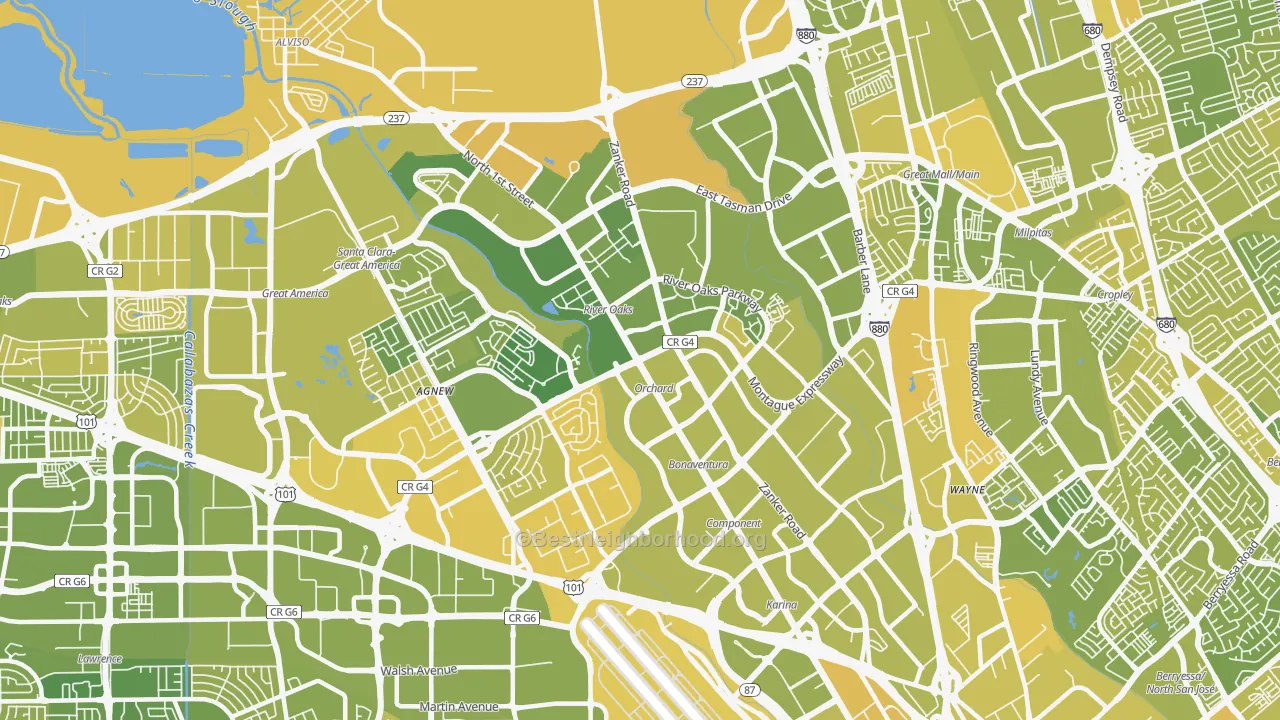 Map of the best neighborhoods in the North San Jose, San Jose area, with better matches in green and worse matches in red