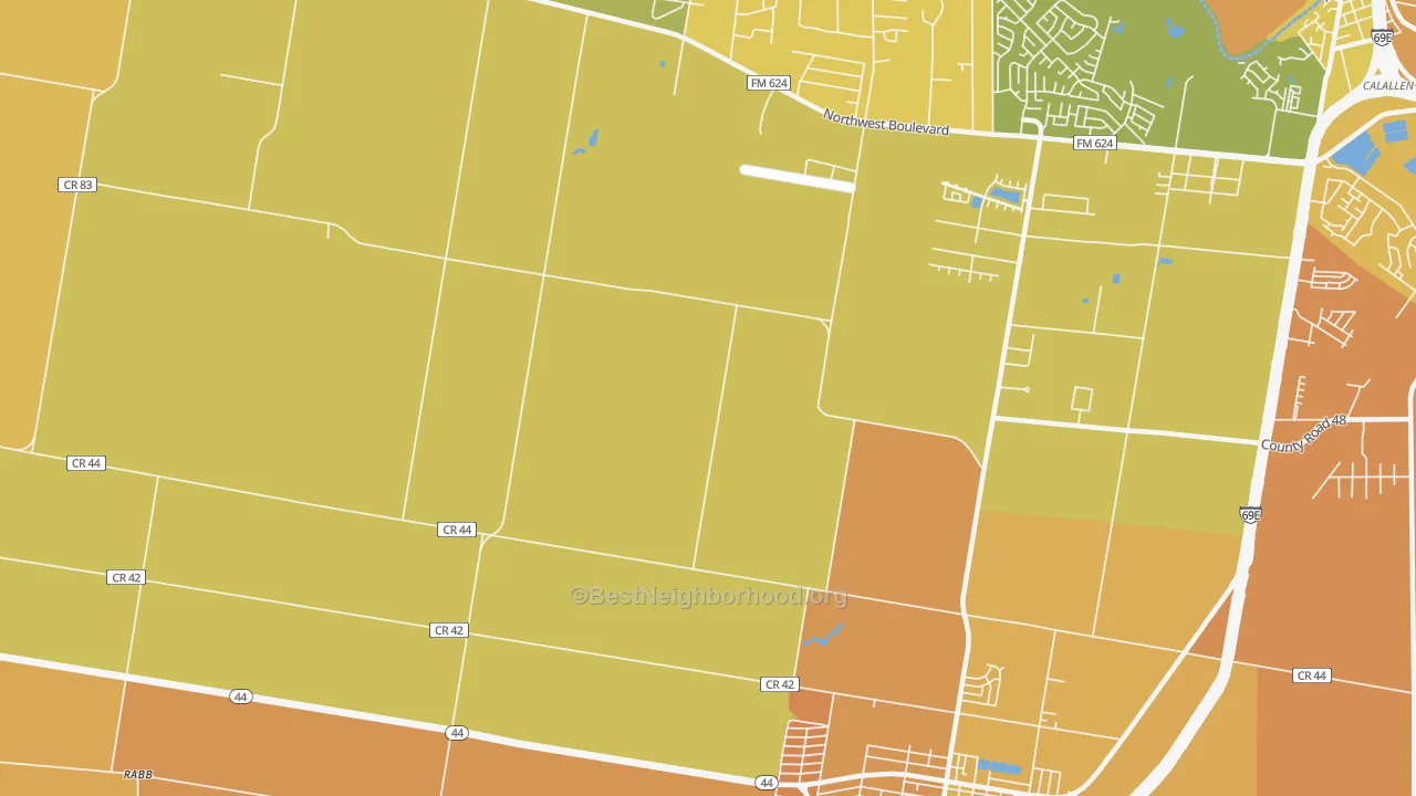 Map of the best neighborhoods in the North San Pedro area, with better matches in green and worse matches in red