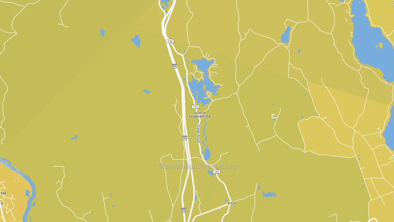 Map of the best neighborhoods in the North Sanbornton area, with better matches in green and worse matches in red