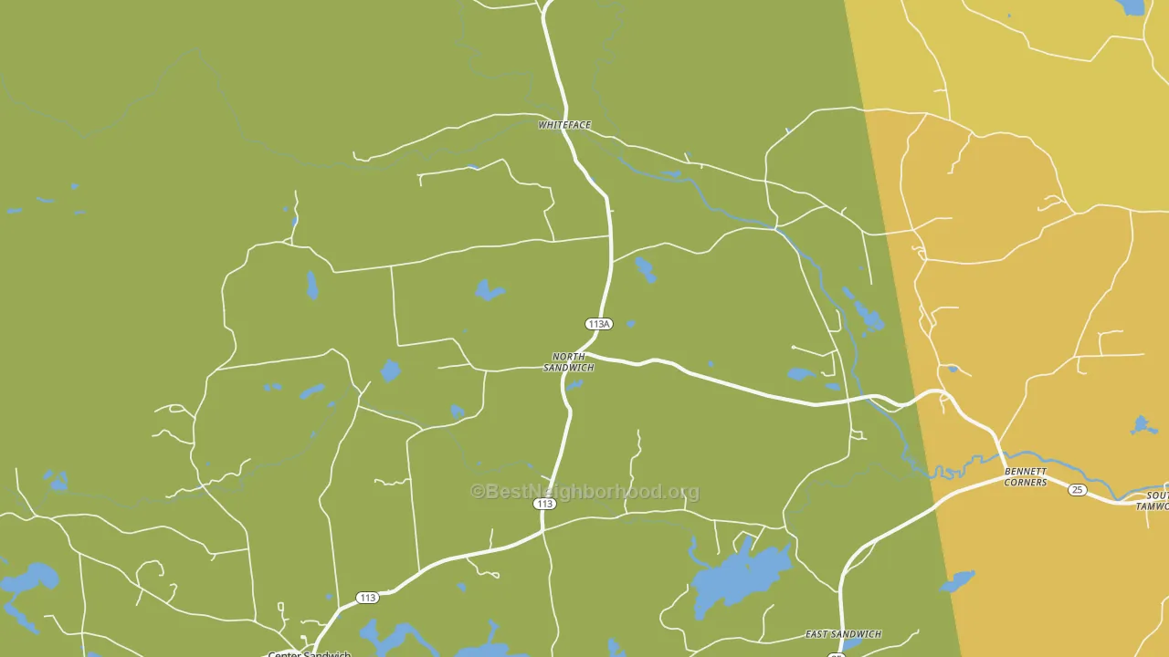 Map of the best neighborhoods in the North Sandwich area, with better matches in green and worse matches in red