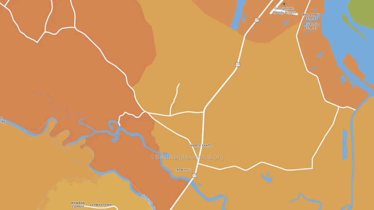 Map of the best neighborhoods in the North Santee area, with better matches in green and worse matches in red
