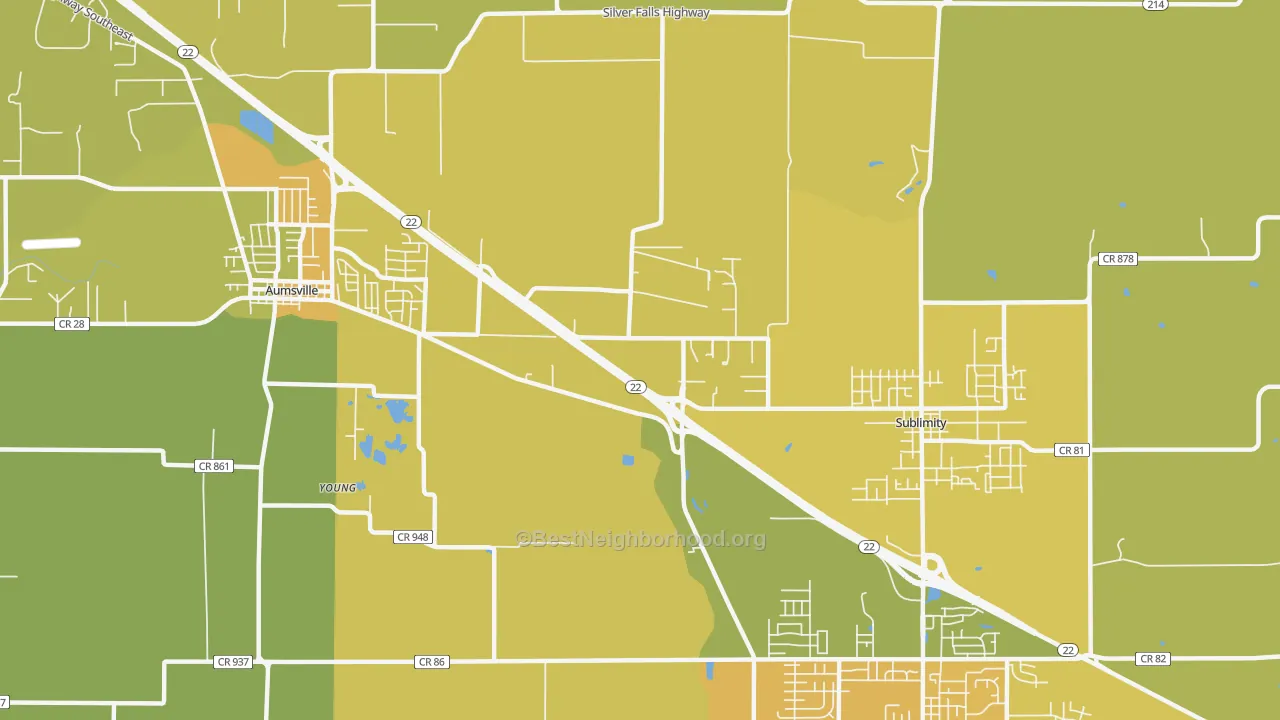 Map of the best neighborhoods in the North Santiam area, with better matches in green and worse matches in red