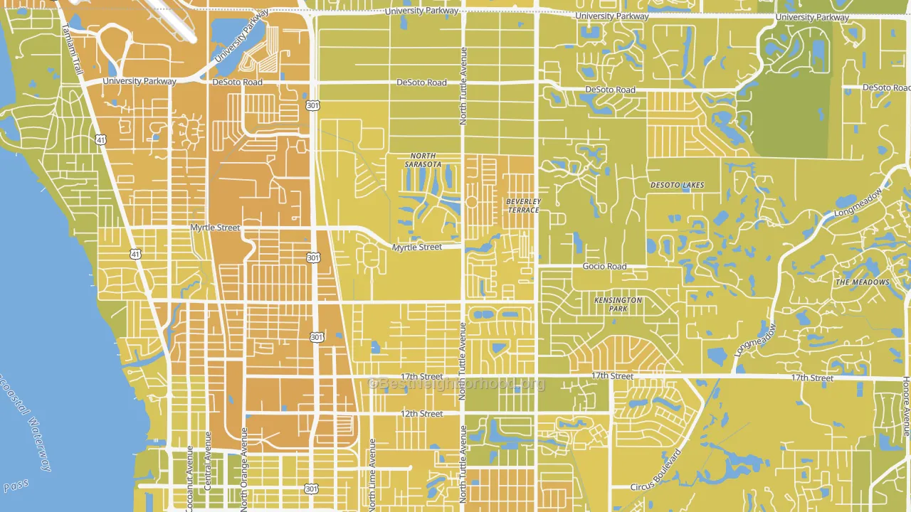 Map of the best neighborhoods in the North Sarasota area, with better matches in green and worse matches in red