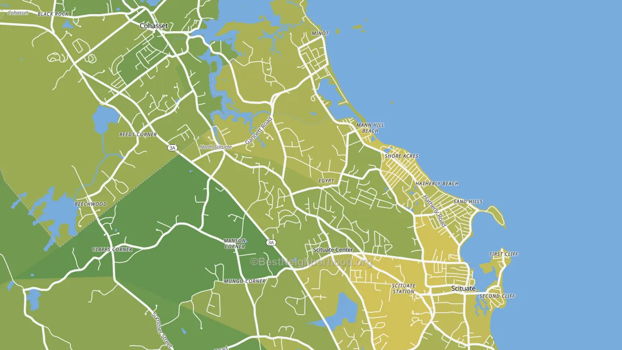 Map of the best neighborhoods in the North Scituate area, with better matches in green and worse matches in red