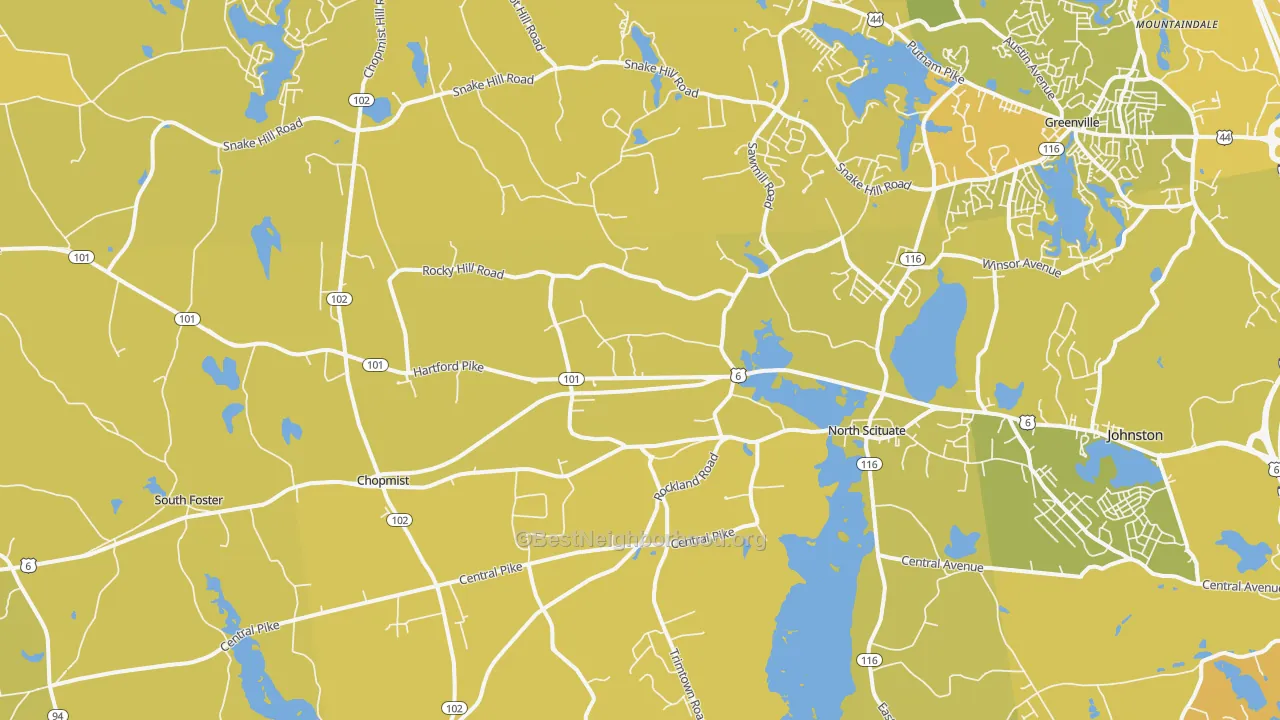 Map of the best neighborhoods in the North Scituate area, with better matches in green and worse matches in red