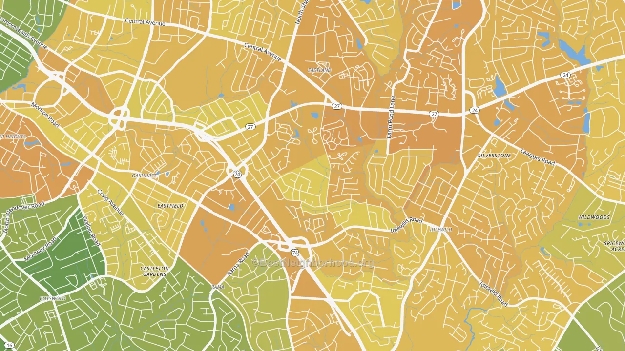 Map of the best neighborhoods in the North Sharon Amity, Charlotte area, with better matches in green and worse matches in red