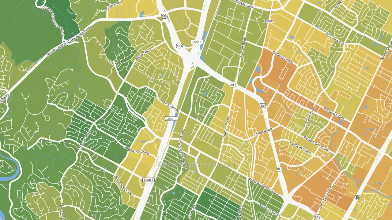 Map of the best neighborhoods in the North Shoal Creek, Austin area, with better matches in green and worse matches in red