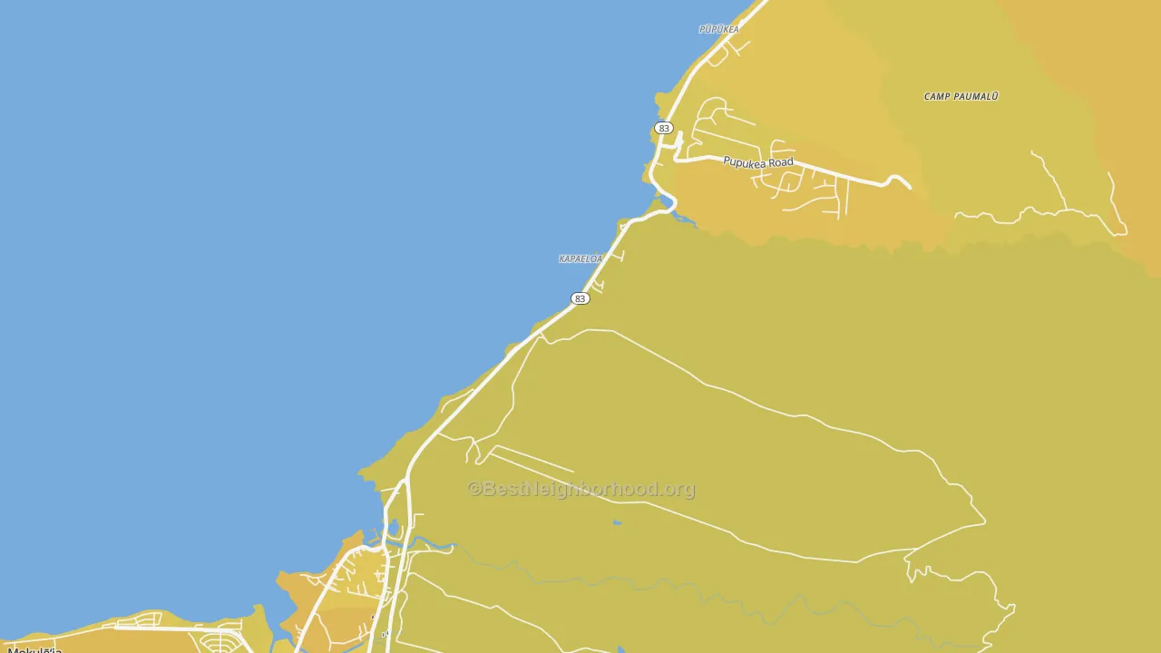 Map of the best neighborhoods in the North Shore, Haleiwa area, with better matches in green and worse matches in red