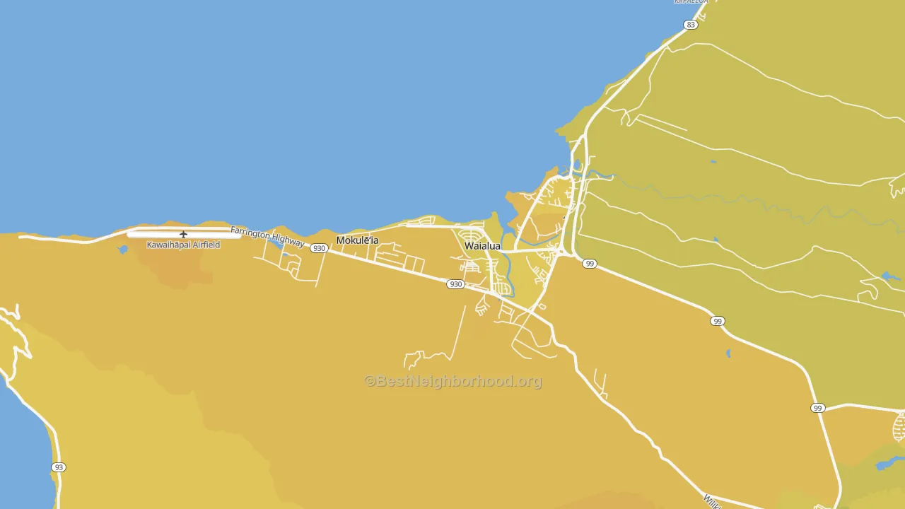 Map of the best neighborhoods in the North Shore Waialua, Waialua area, with better matches in green and worse matches in red
