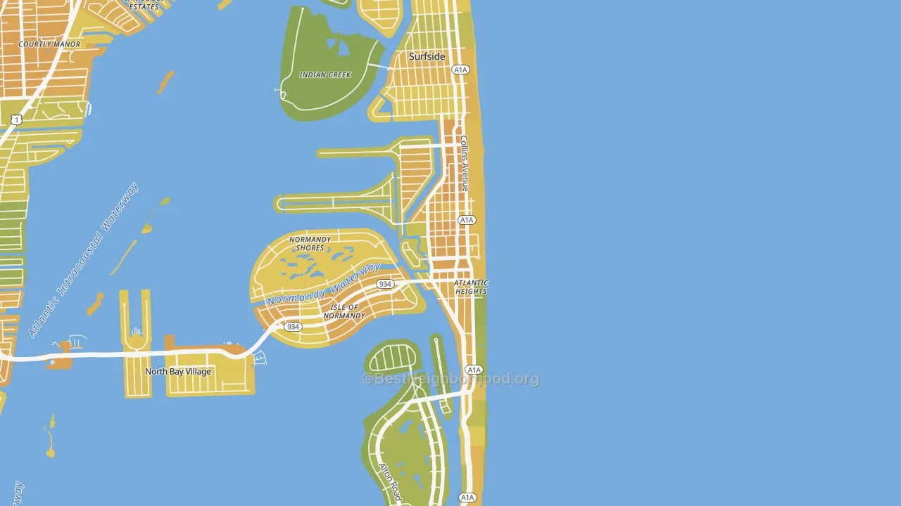 Map of the best neighborhoods in the North Shores, North Bay Village area, with better matches in green and worse matches in red