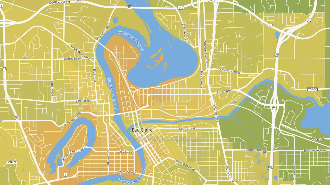Map of the best neighborhoods in the North Side Hill, Eau Claire area, with better matches in green and worse matches in red