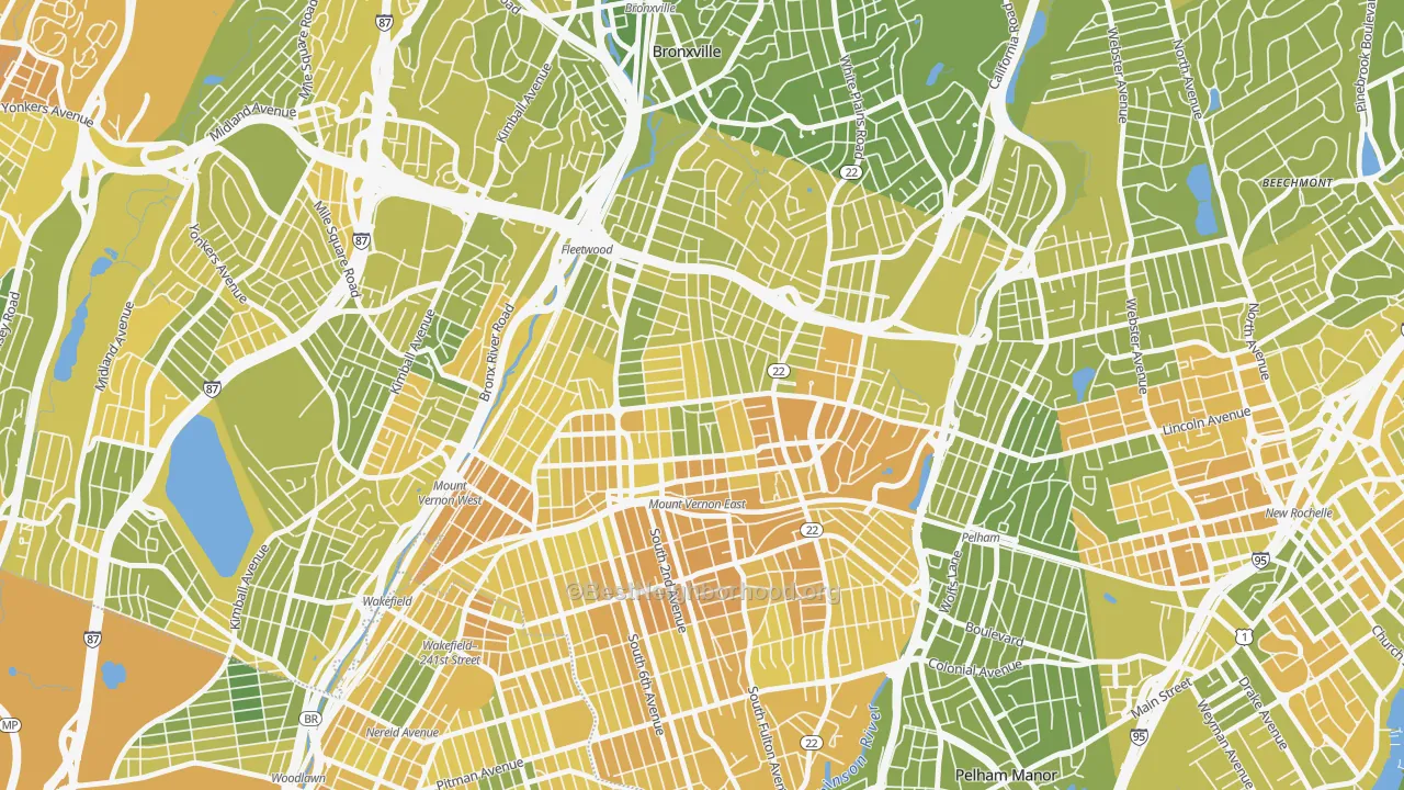 Map of the best neighborhoods in the North Side, Mount Vernon area, with better matches in green and worse matches in red