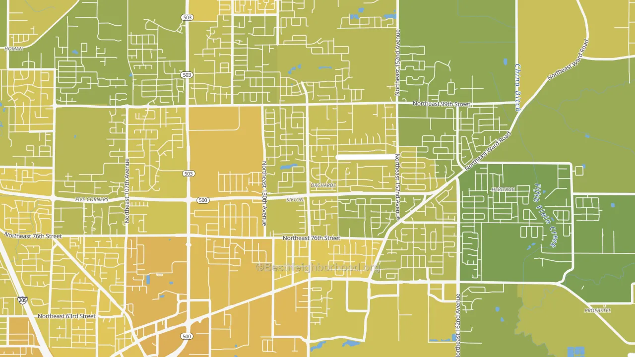 Map of the best neighborhoods in the North Sifton-Orchards Area, Orchards area, with better matches in green and worse matches in red