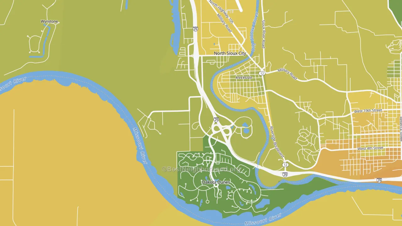 Map of the best neighborhoods in the North Sioux City area, with better matches in green and worse matches in red