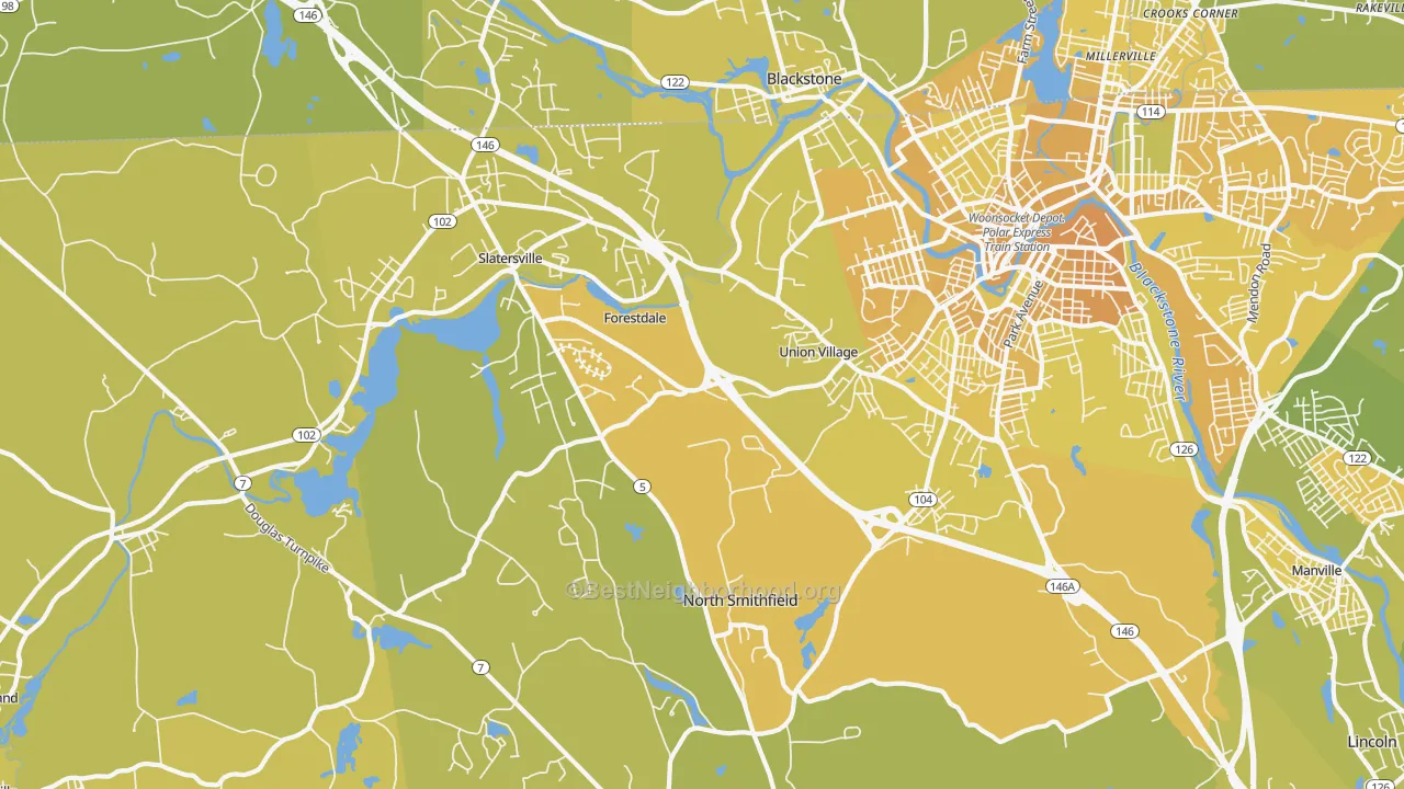 Map of the best neighborhoods in the North Smithfield area, with better matches in green and worse matches in red