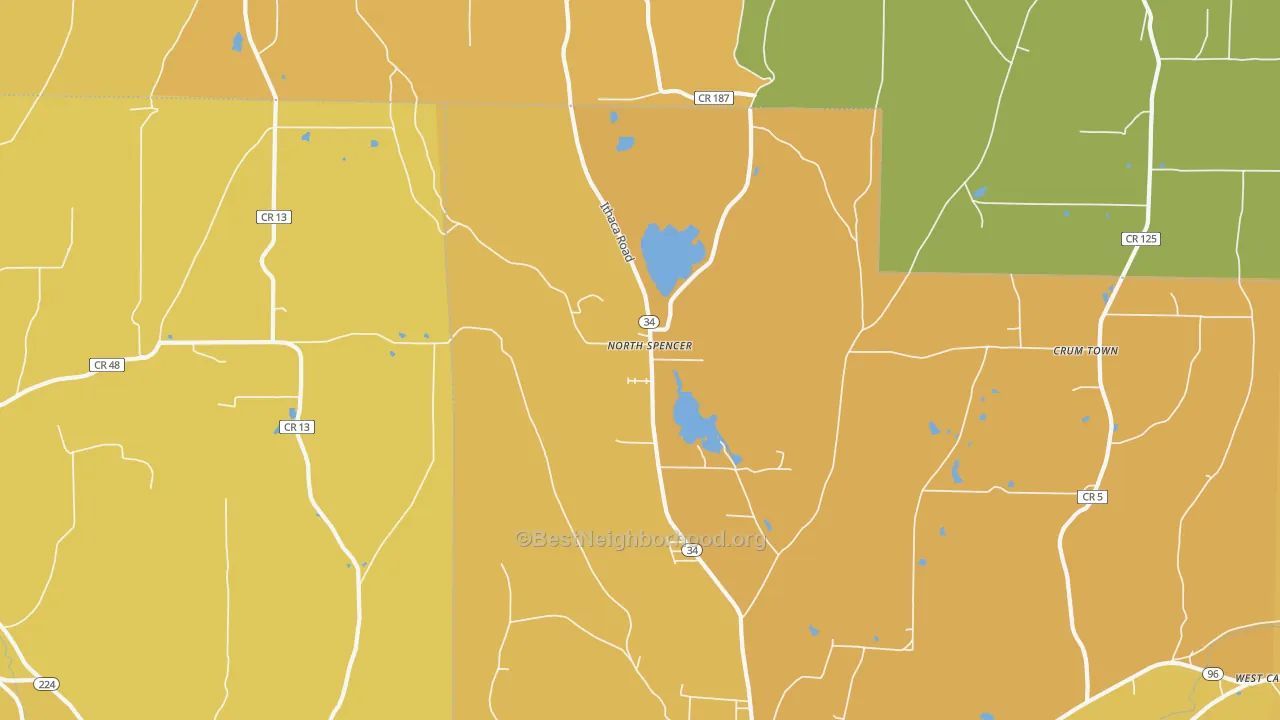 Map of the best neighborhoods in the North Spencer area, with better matches in green and worse matches in red