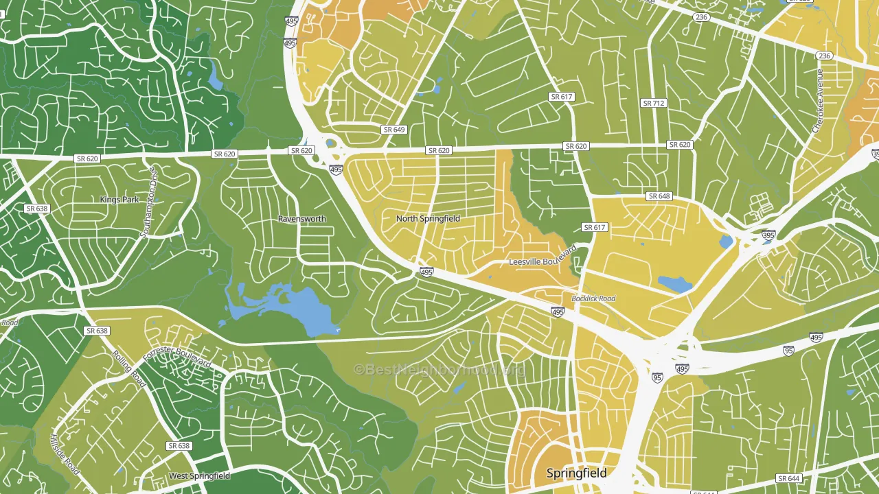 Map of the best neighborhoods in the North Springfield, Springfield area, with better matches in green and worse matches in red