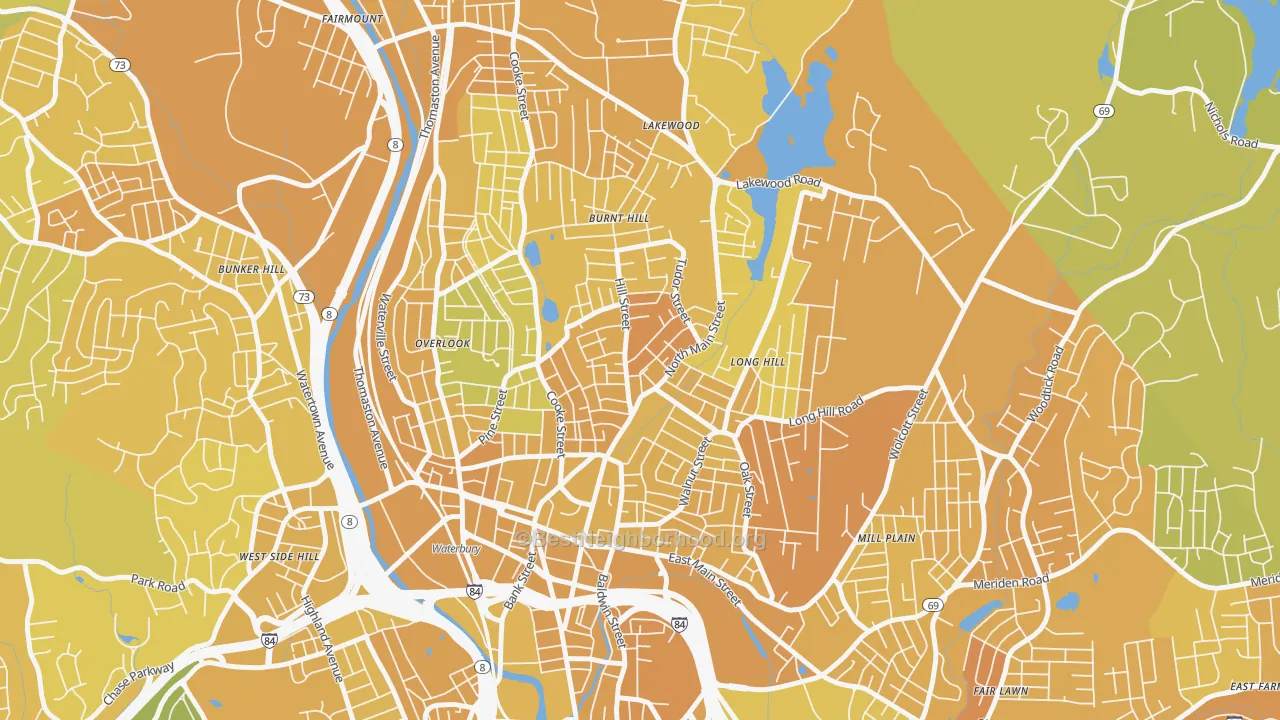 Map of the best neighborhoods in the North Square, Waterbury area, with better matches in green and worse matches in red