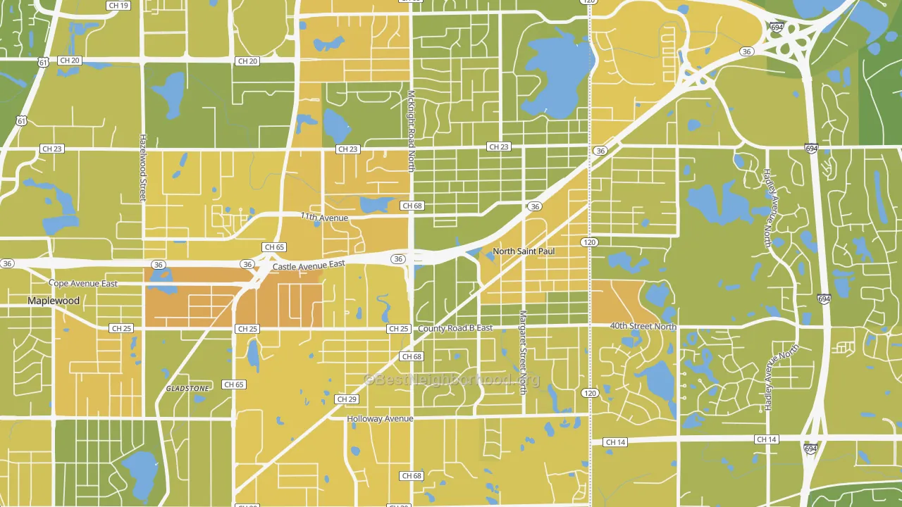 Map of the best neighborhoods in the North St. Paul area, with better matches in green and worse matches in red
