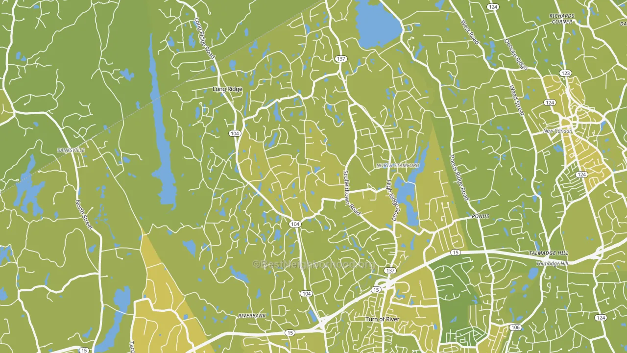 Map of the best neighborhoods in the North Stamford, Stamford area, with better matches in green and worse matches in red