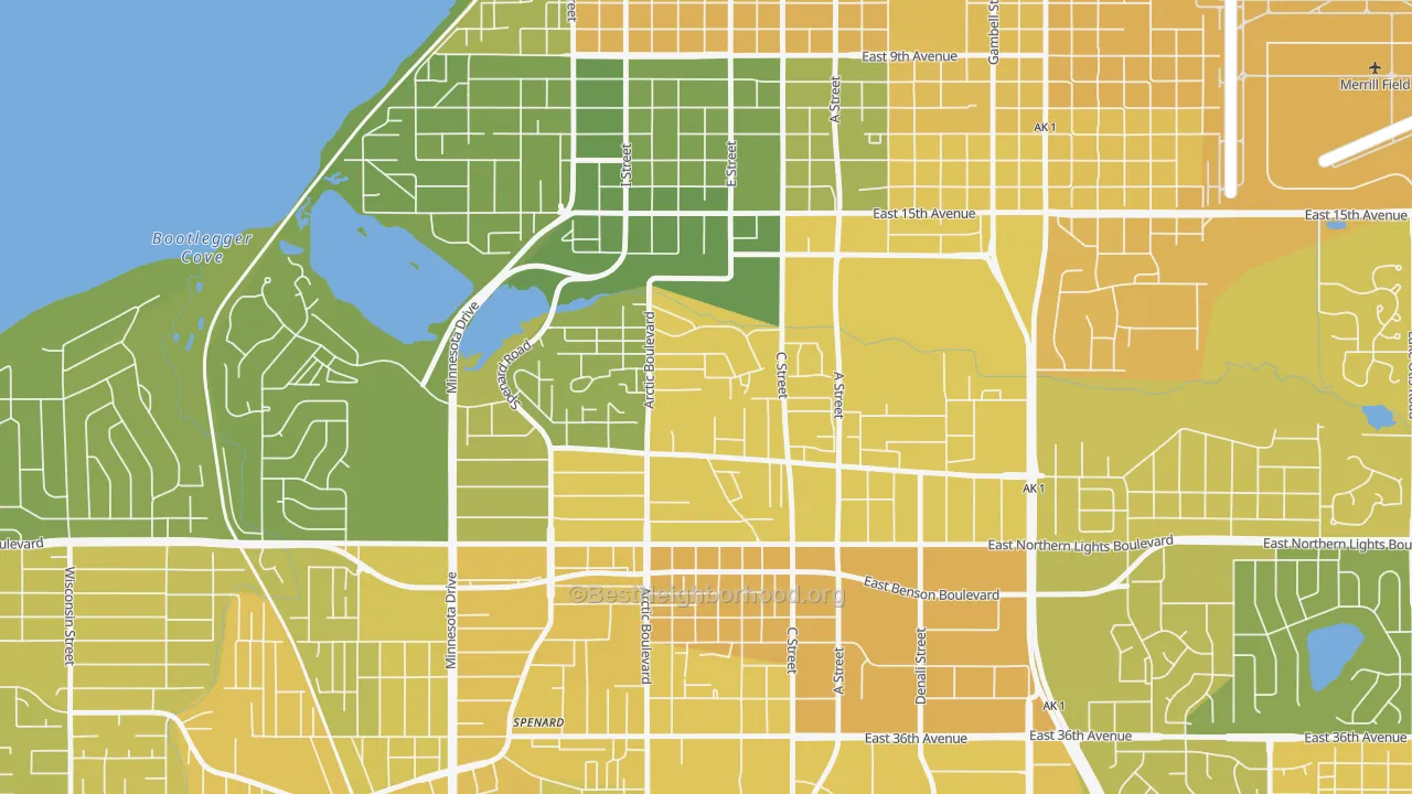 Map of the best neighborhoods in the North Star, Anchorage area, with better matches in green and worse matches in red