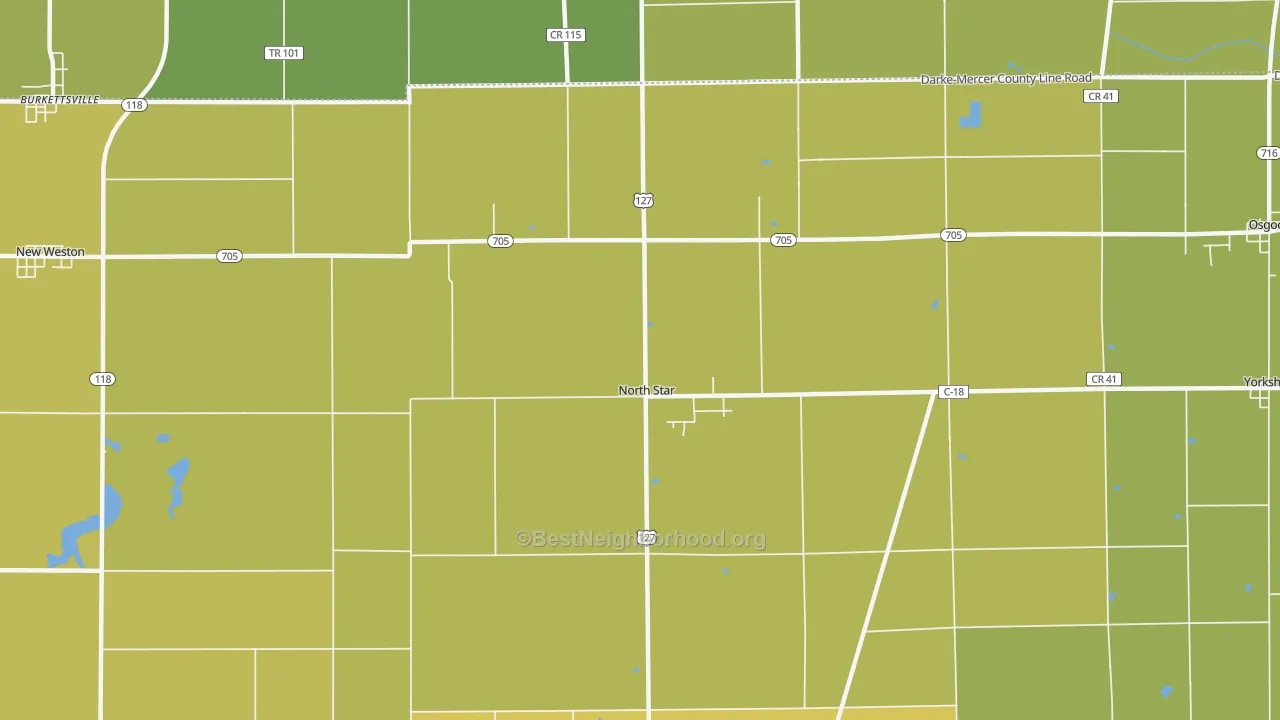 Map of the best neighborhoods in the North Star area, with better matches in green and worse matches in red