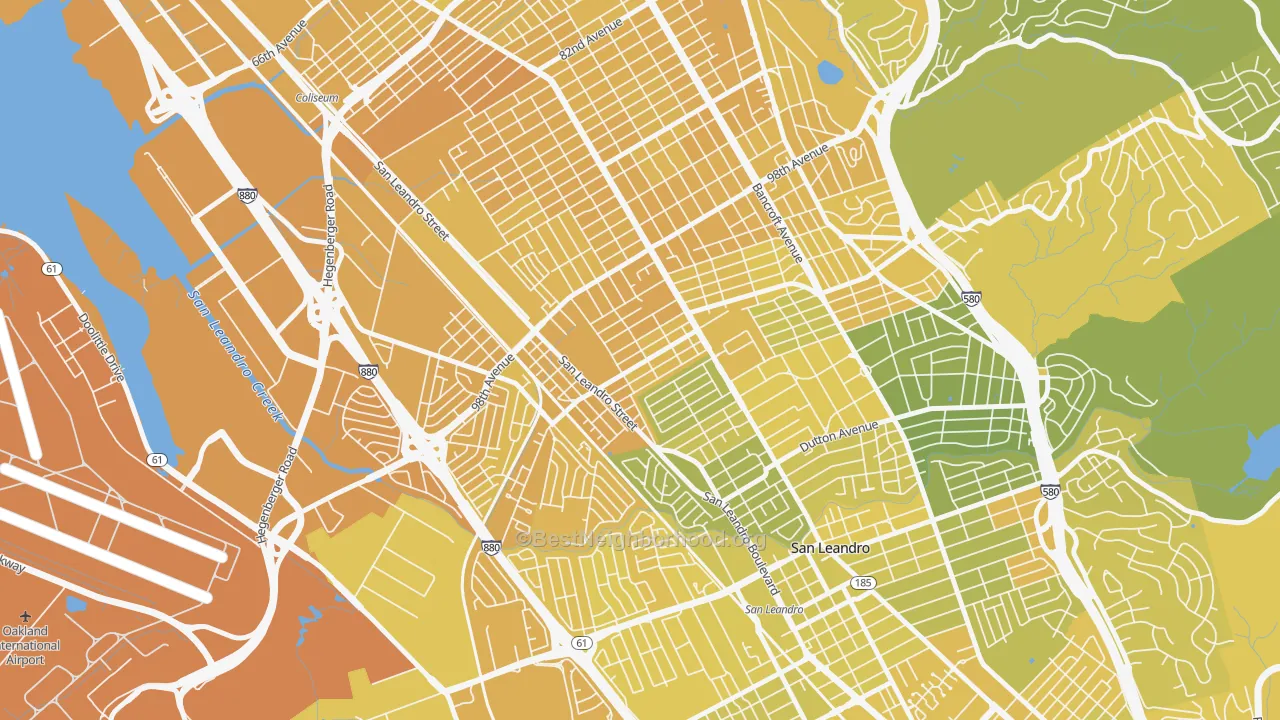 Map of the best neighborhoods in the North Stonehurst, Oakland area, with better matches in green and worse matches in red