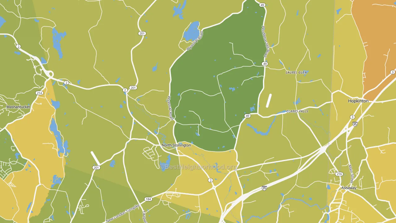 Map of the best neighborhoods in the North Stonington area, with better matches in green and worse matches in red