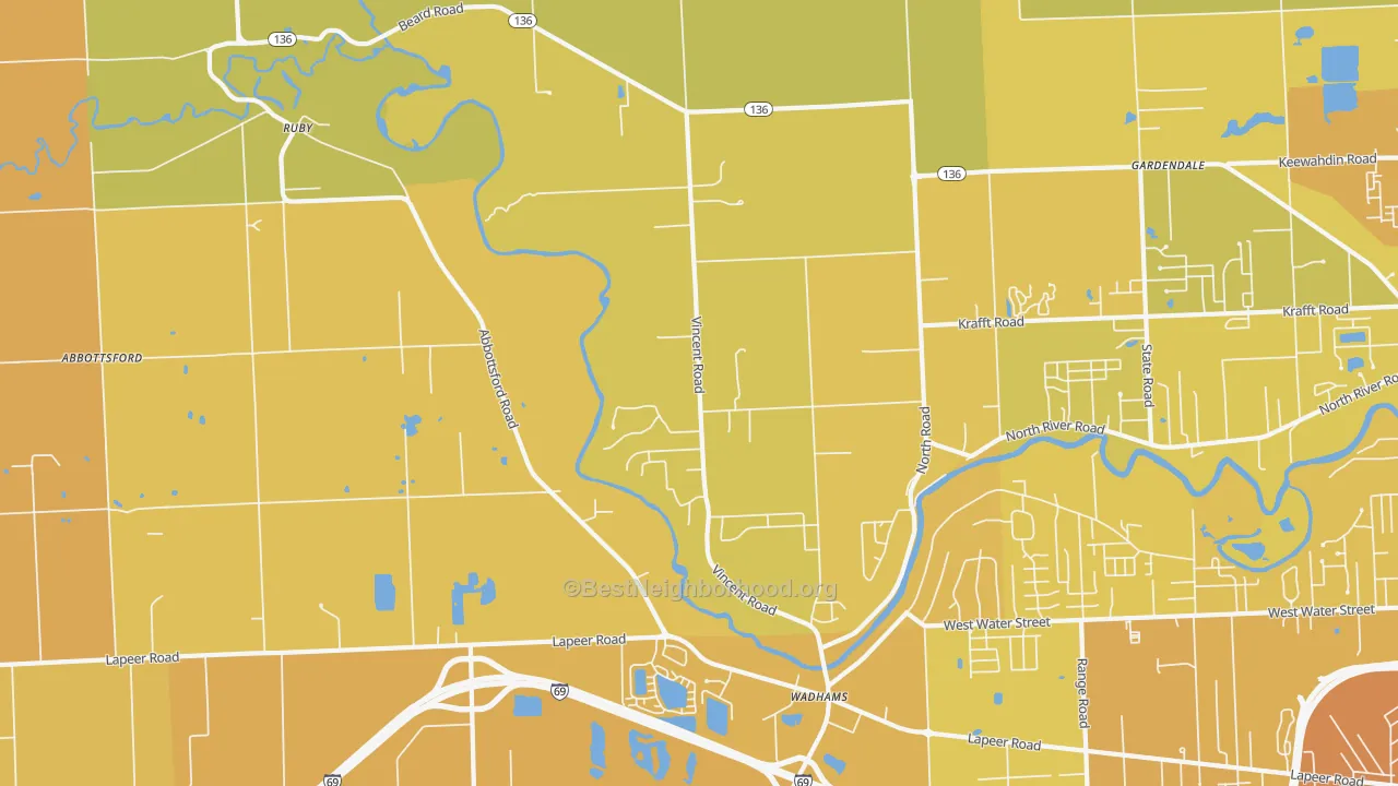 Map of the best neighborhoods in the North Street area, with better matches in green and worse matches in red