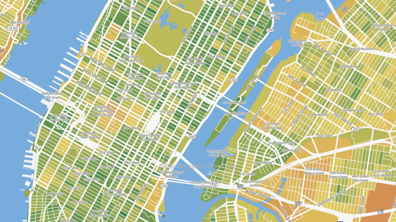 Map of the best neighborhoods in the North Sutton Area, Manhattan area, with better matches in green and worse matches in red