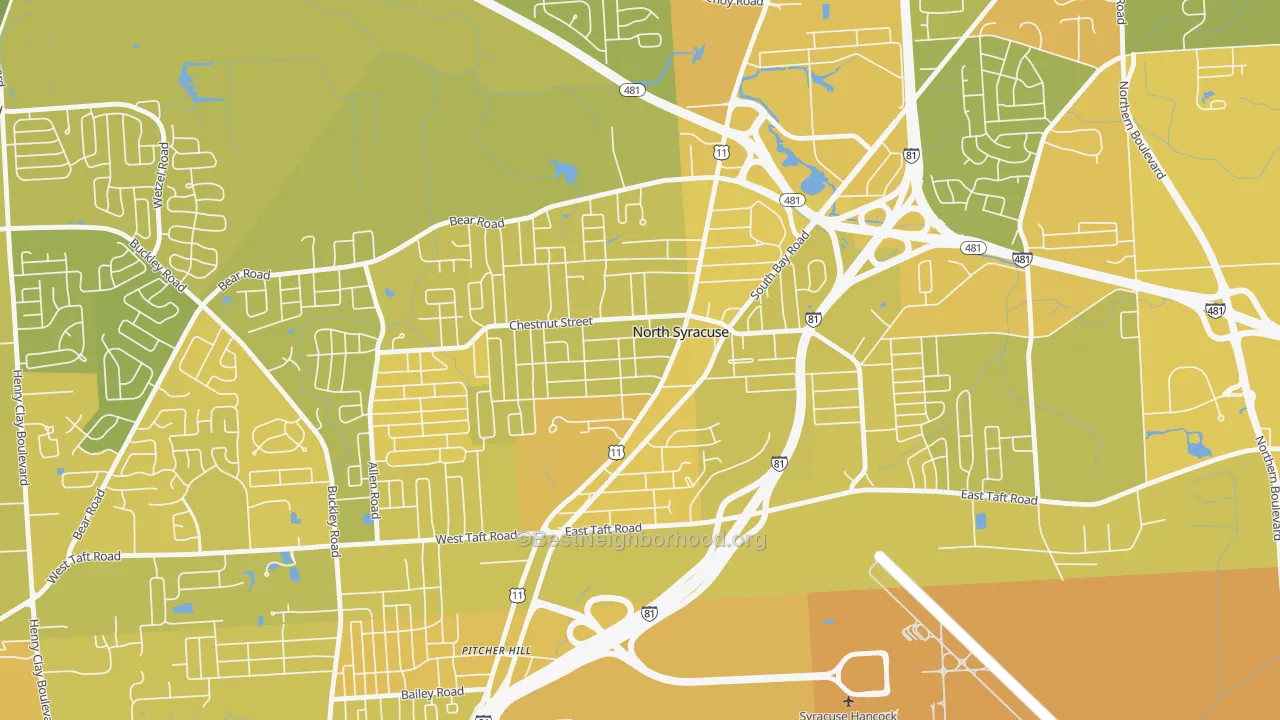 Map of the best neighborhoods in the North Syracuse area, with better matches in green and worse matches in red