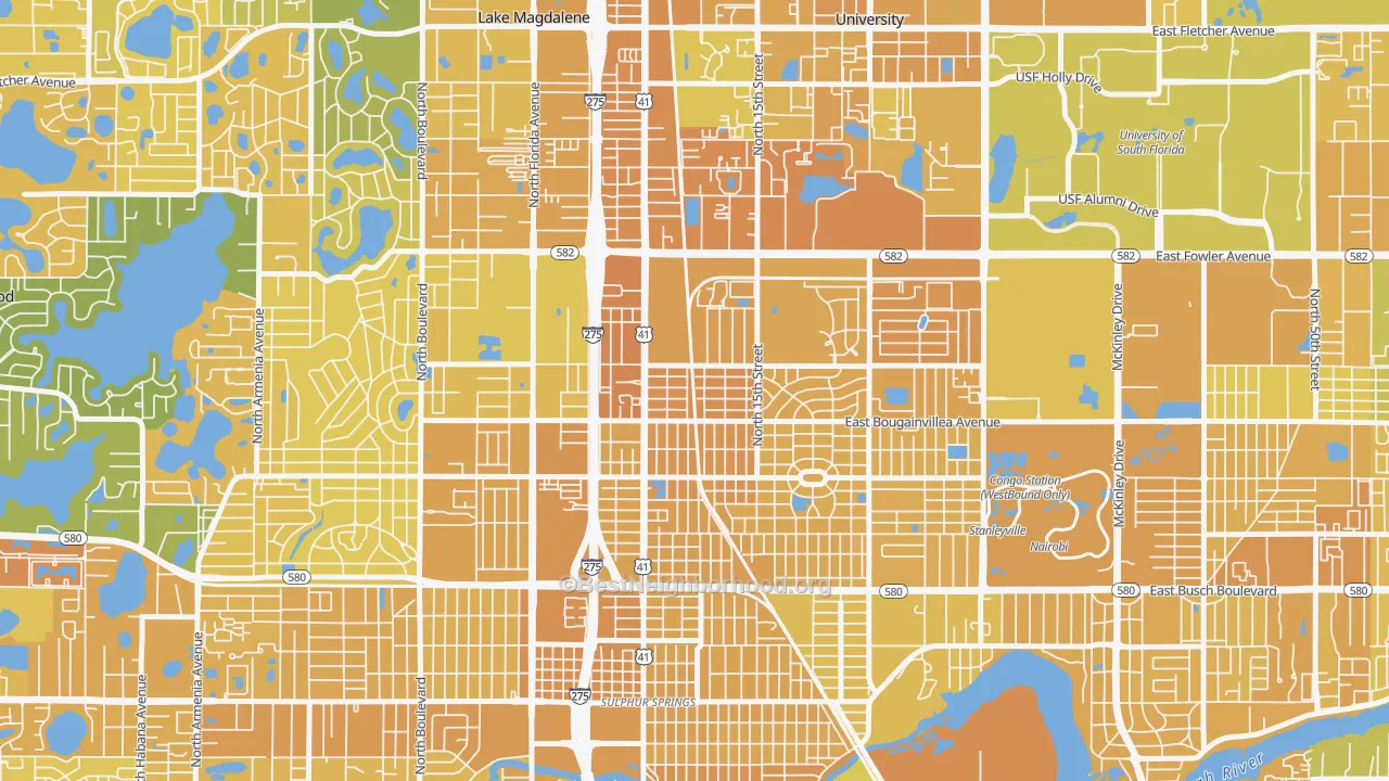 Map of the best neighborhoods in the North Tampa, Tampa area, with better matches in green and worse matches in red