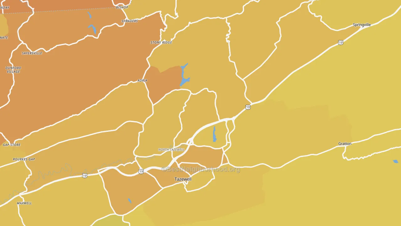 Map of the best neighborhoods in the North Tazewell area, with better matches in green and worse matches in red