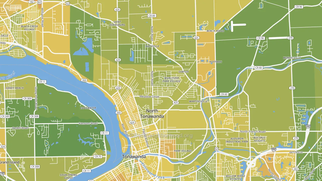 Map of the best neighborhoods in the North Tonawanda area, with better matches in green and worse matches in red