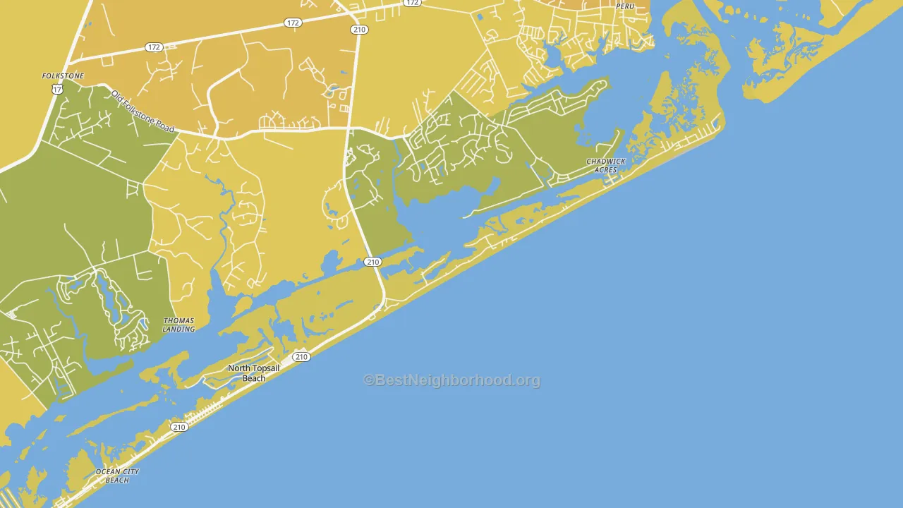 Map of the best neighborhoods in the North Topsail Beach area, with better matches in green and worse matches in red