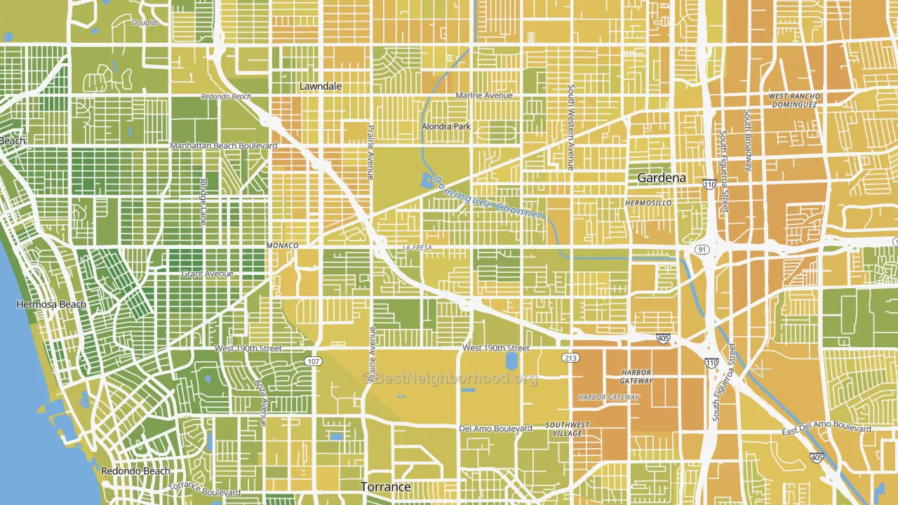 Map of the best neighborhoods in the North Torrance, Torrance area, with better matches in green and worse matches in red