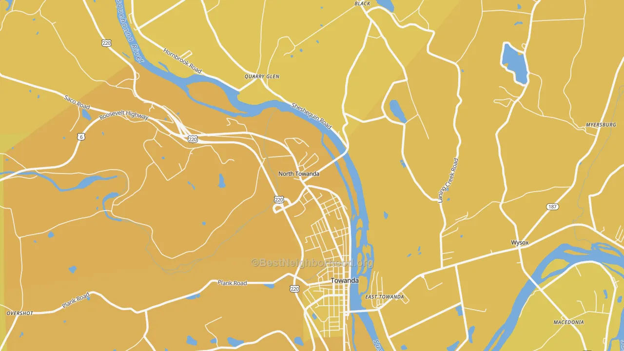 Map of the best neighborhoods in the North Towanda area, with better matches in green and worse matches in red
