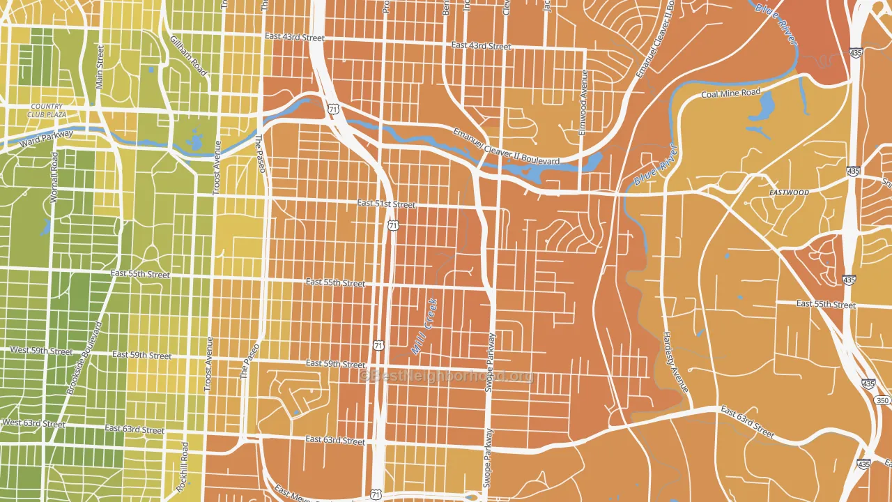 Map of the best neighborhoods in the North Town Fork Creek, Kansas City area, with better matches in green and worse matches in red