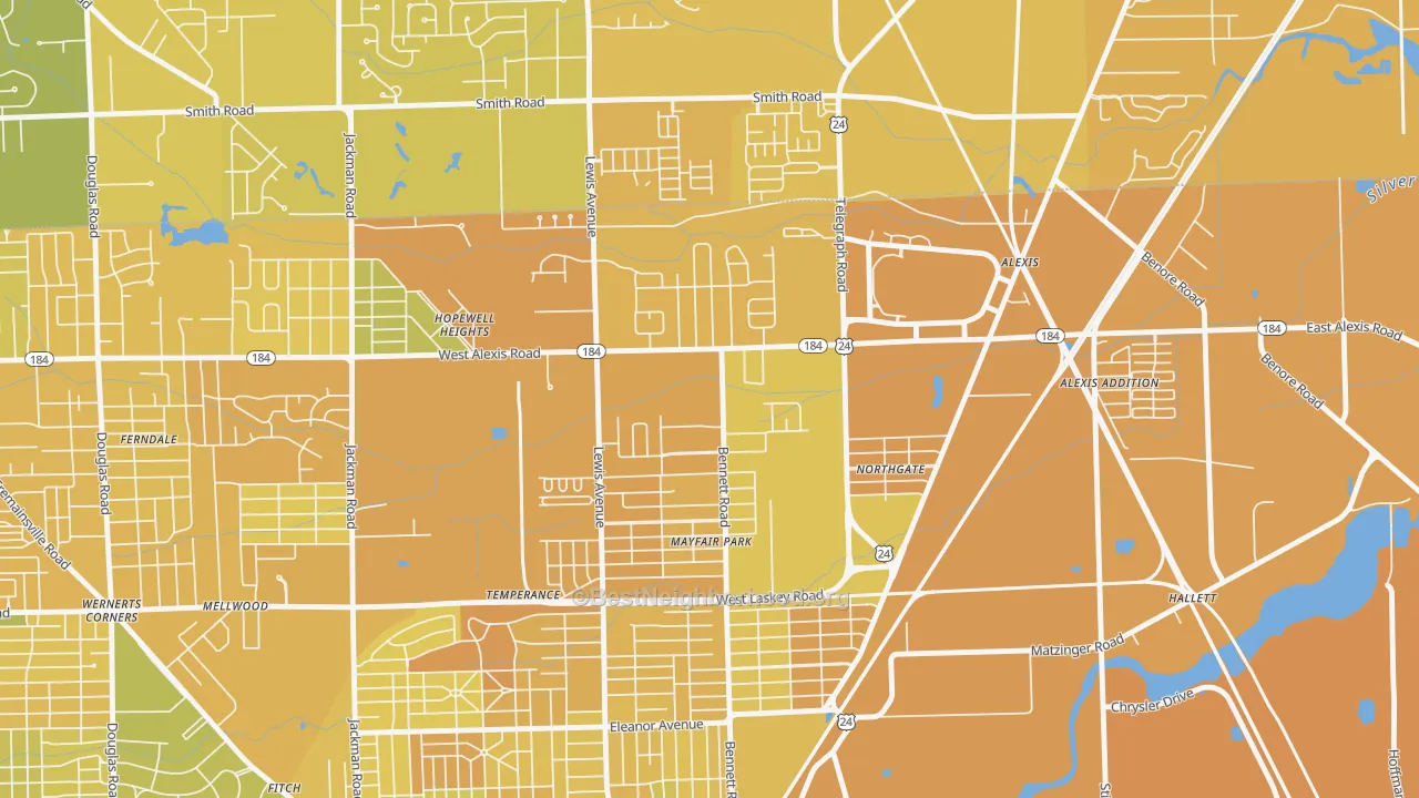 Map of the best neighborhoods in the North Towne, Toledo area, with better matches in green and worse matches in red