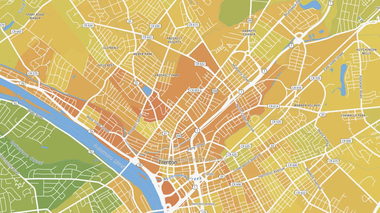Map of the best neighborhoods in the North Trenton, Trenton area, with better matches in green and worse matches in red