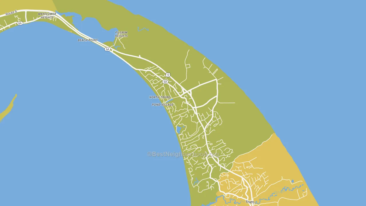 Map of the best neighborhoods in the North Truro area, with better matches in green and worse matches in red