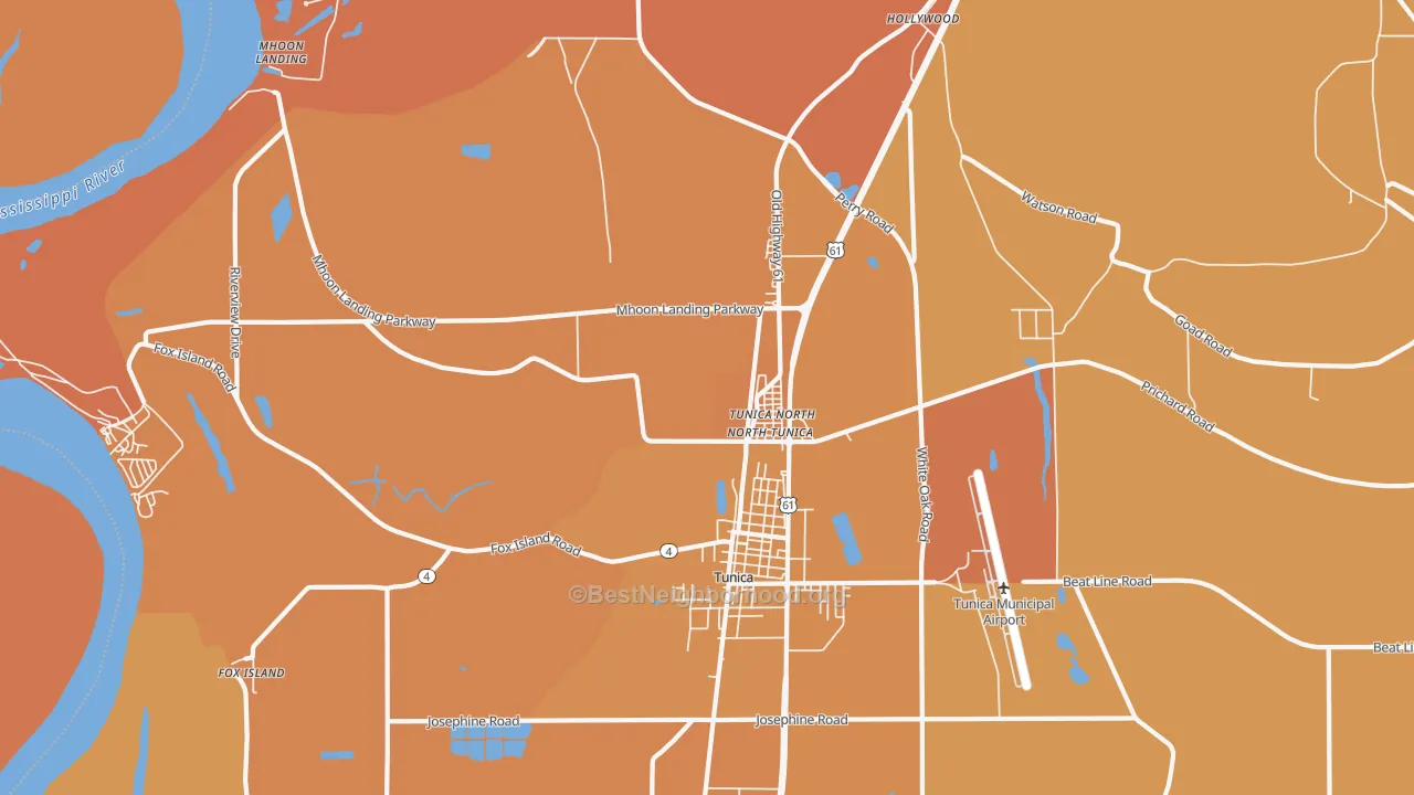 Map of the best neighborhoods in the North Tunica area, with better matches in green and worse matches in red
