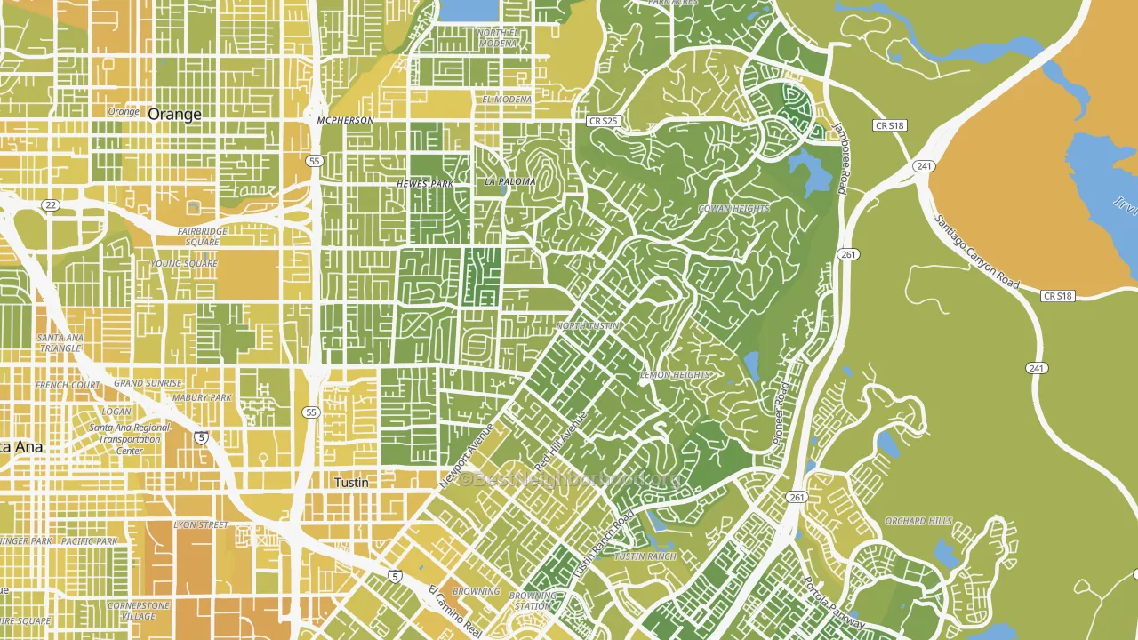 Map of the best neighborhoods in the North Tustin area, with better matches in green and worse matches in red
