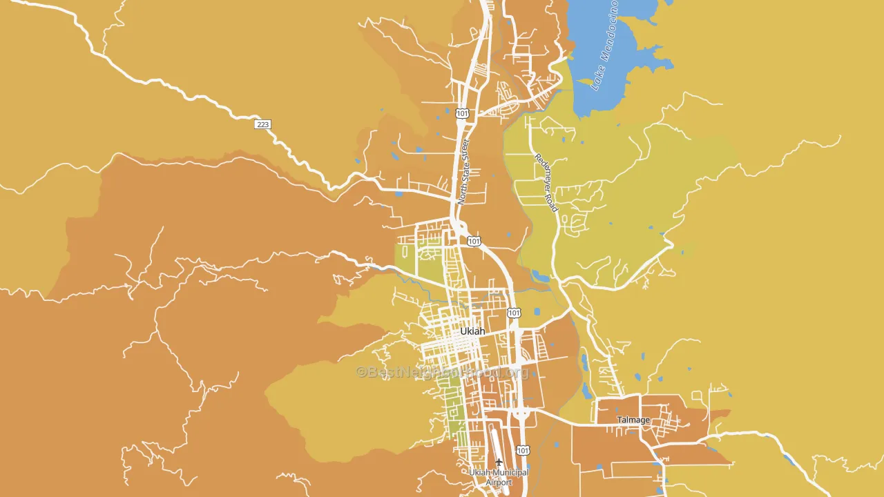 Map of the best neighborhoods in the North Ukiah, Ukiah area, with better matches in green and worse matches in red