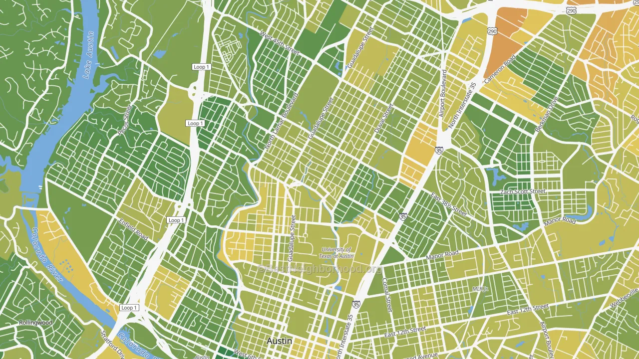 Map of the best neighborhoods in the North University, Austin area, with better matches in green and worse matches in red