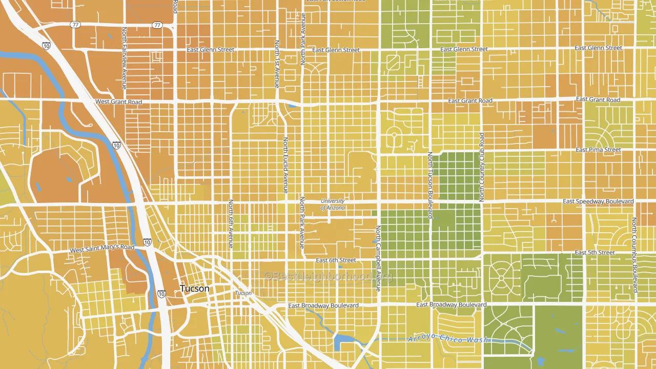 Map of the best neighborhoods in the North University, Tucson area, with better matches in green and worse matches in red