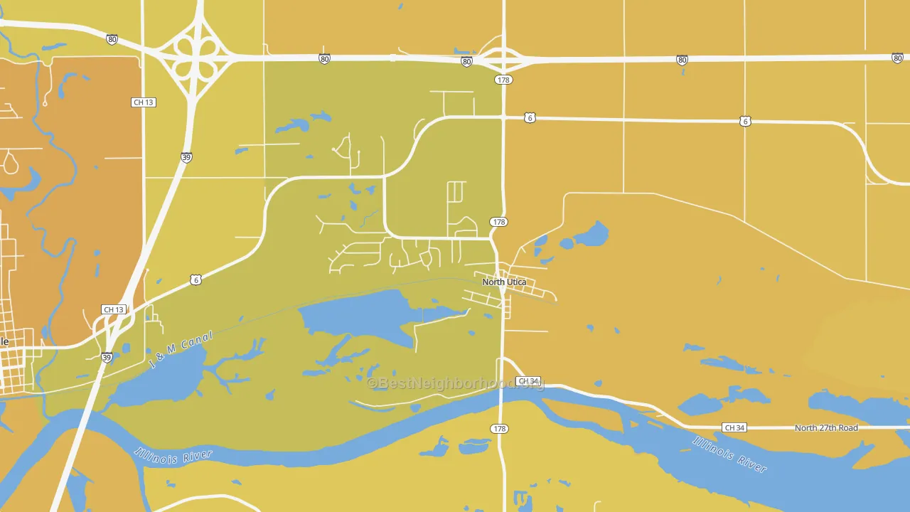 Map of the best neighborhoods in the North Utica area, with better matches in green and worse matches in red