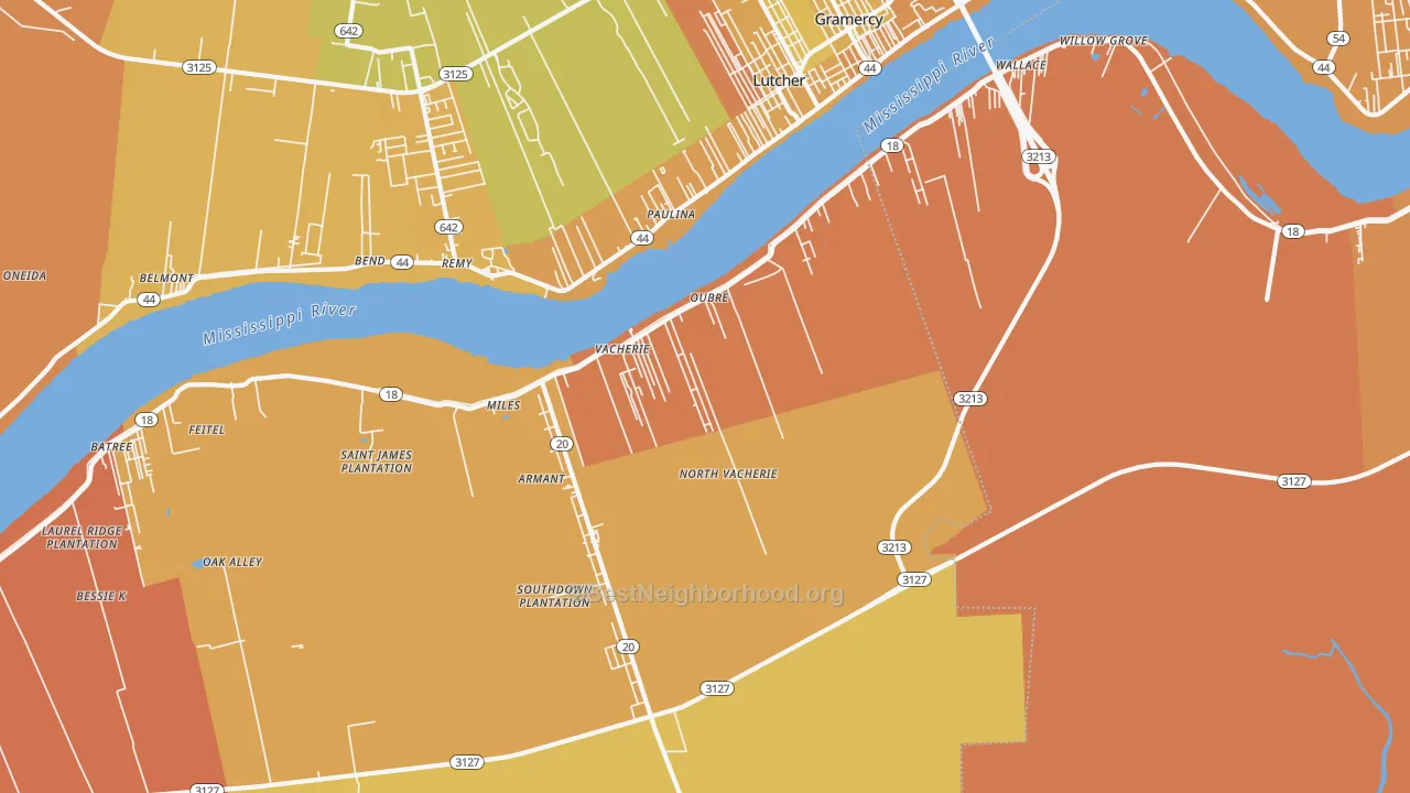Map of the best neighborhoods in the North Vacherie area, with better matches in green and worse matches in red