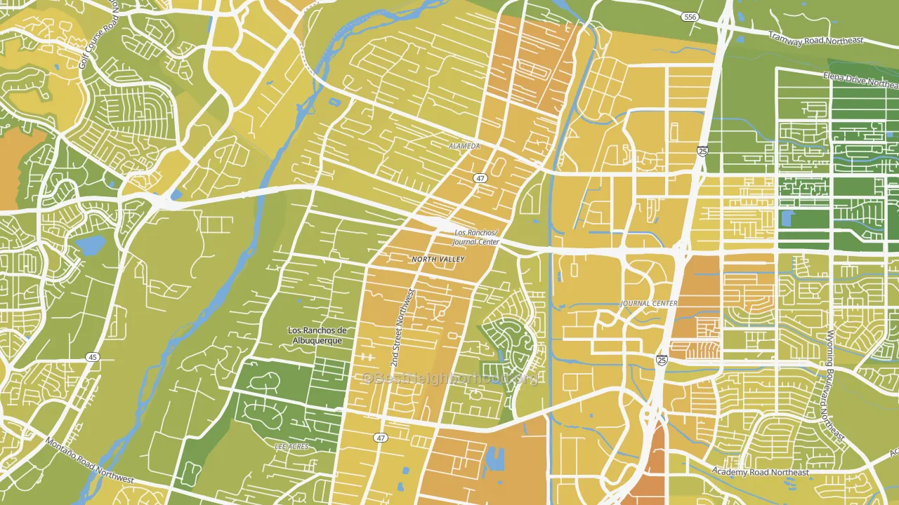 Map of the best neighborhoods in the North Valley area, with better matches in green and worse matches in red