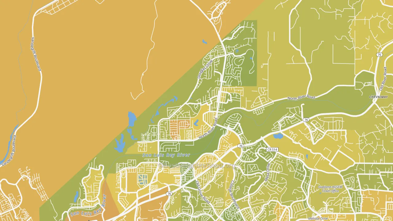 Map of the best neighborhoods in the North Valley San Diego, Oceanside area, with better matches in green and worse matches in red